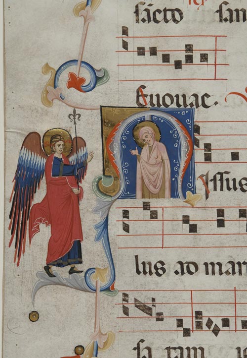 1 maestro bolognese foglio staccato da antifonario con annunciazione in iniziale m 1300-1325